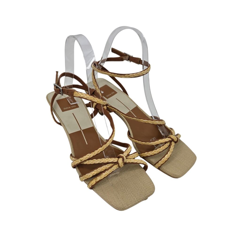NWOT Dolce Vita Tan & Brown Bev Braid Raffia Strappy Kitten Heel Sandal Size 7.5